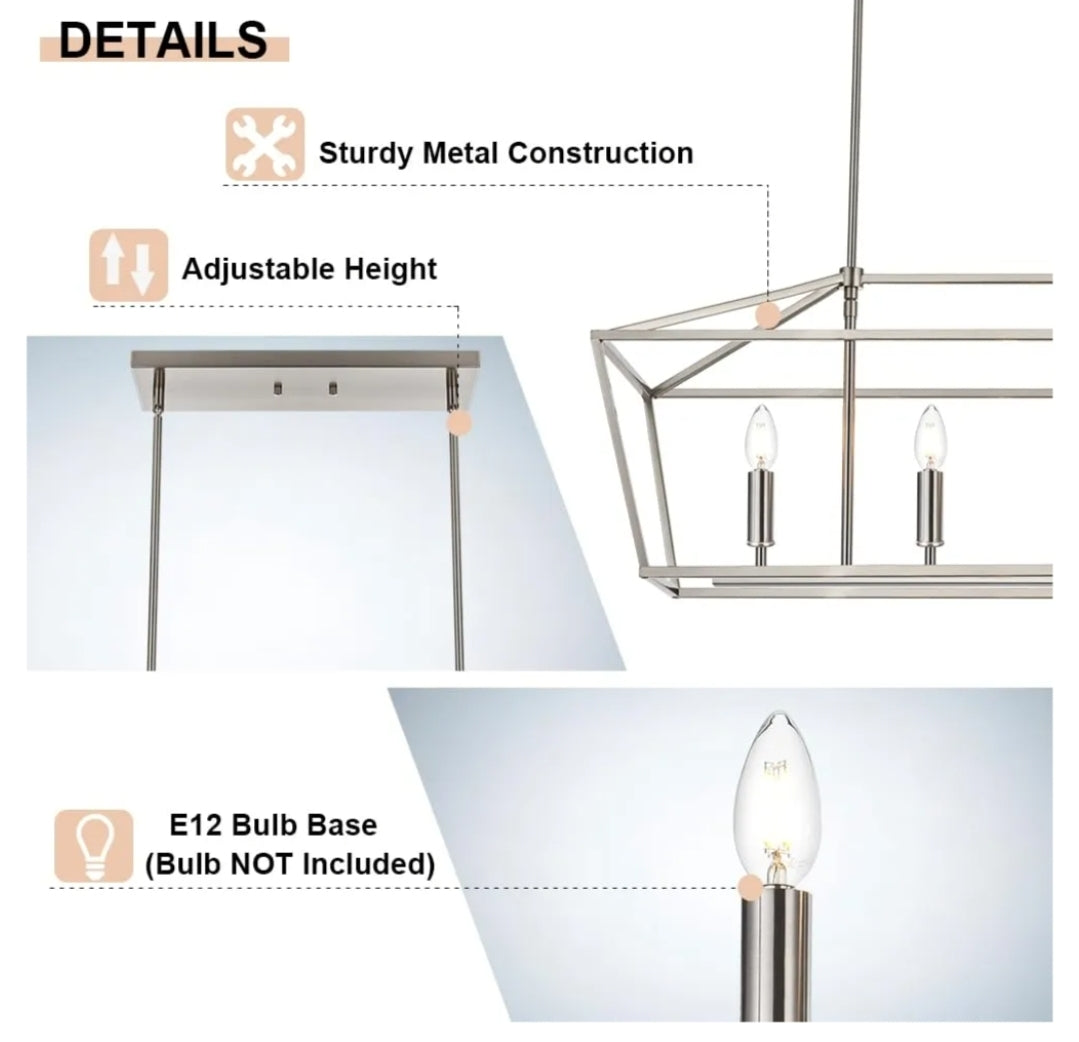 4-Lights Brushed Nickel Farmhouse Chandelier, Dining Room Pendant Lighting Fixtures Adjustable Height, Kitchen Island Light Ceiling Mount E12 Socket