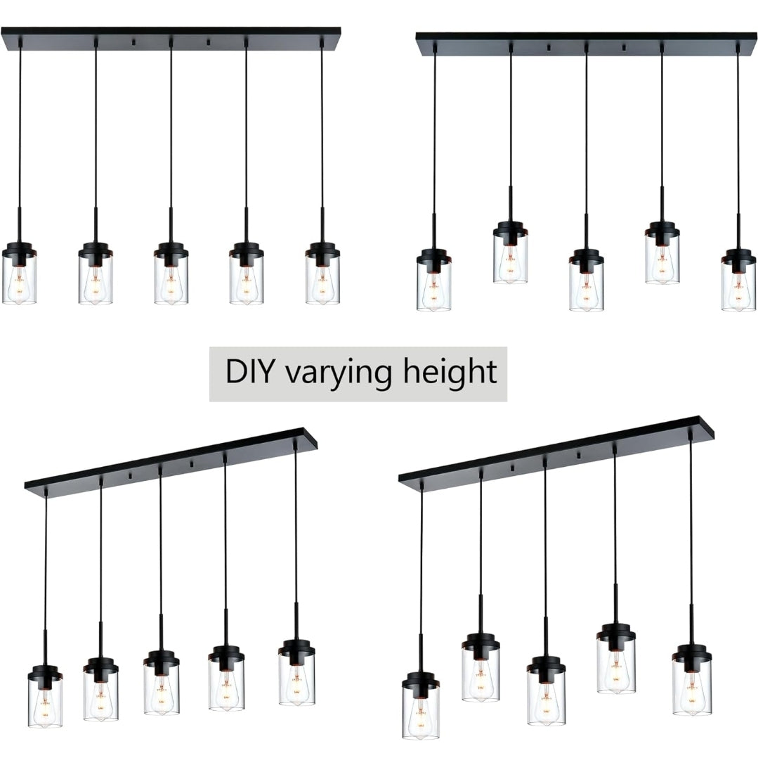 BONLICHT Farmhouse Chandelier for Dining Room, Modern Industrial Foyer Linear Pendant Light Traditional Black Kitchen Island Lighting Fixture Hanging Ceiling Lights with Clear Glass Shade
