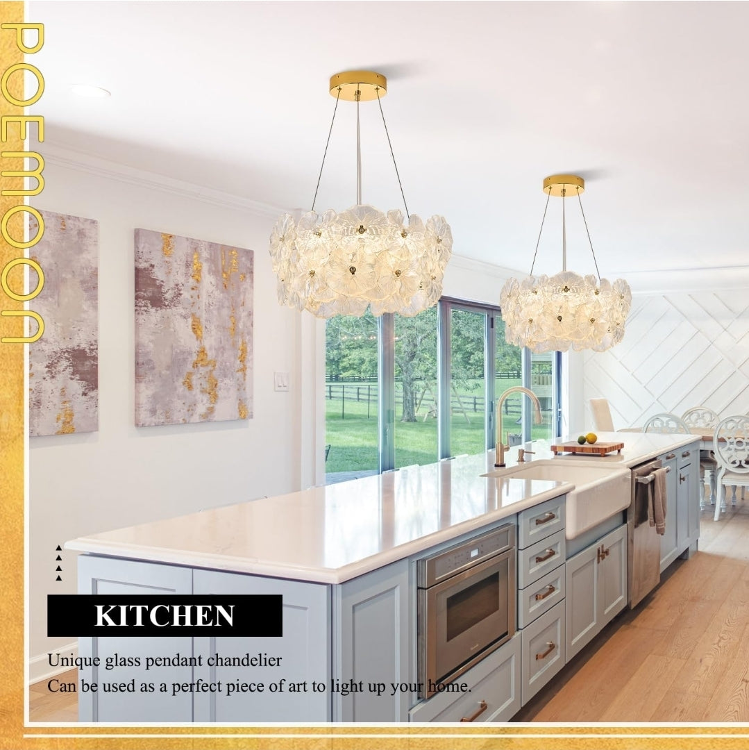 Modern Gold Glass LED Chandelier 20" Elegant Lotus Leaf Dimmable Ceiling Chandeliers with Remote Control Luxury for Foyer Entryway Living Dining Room(3000K-6500K)