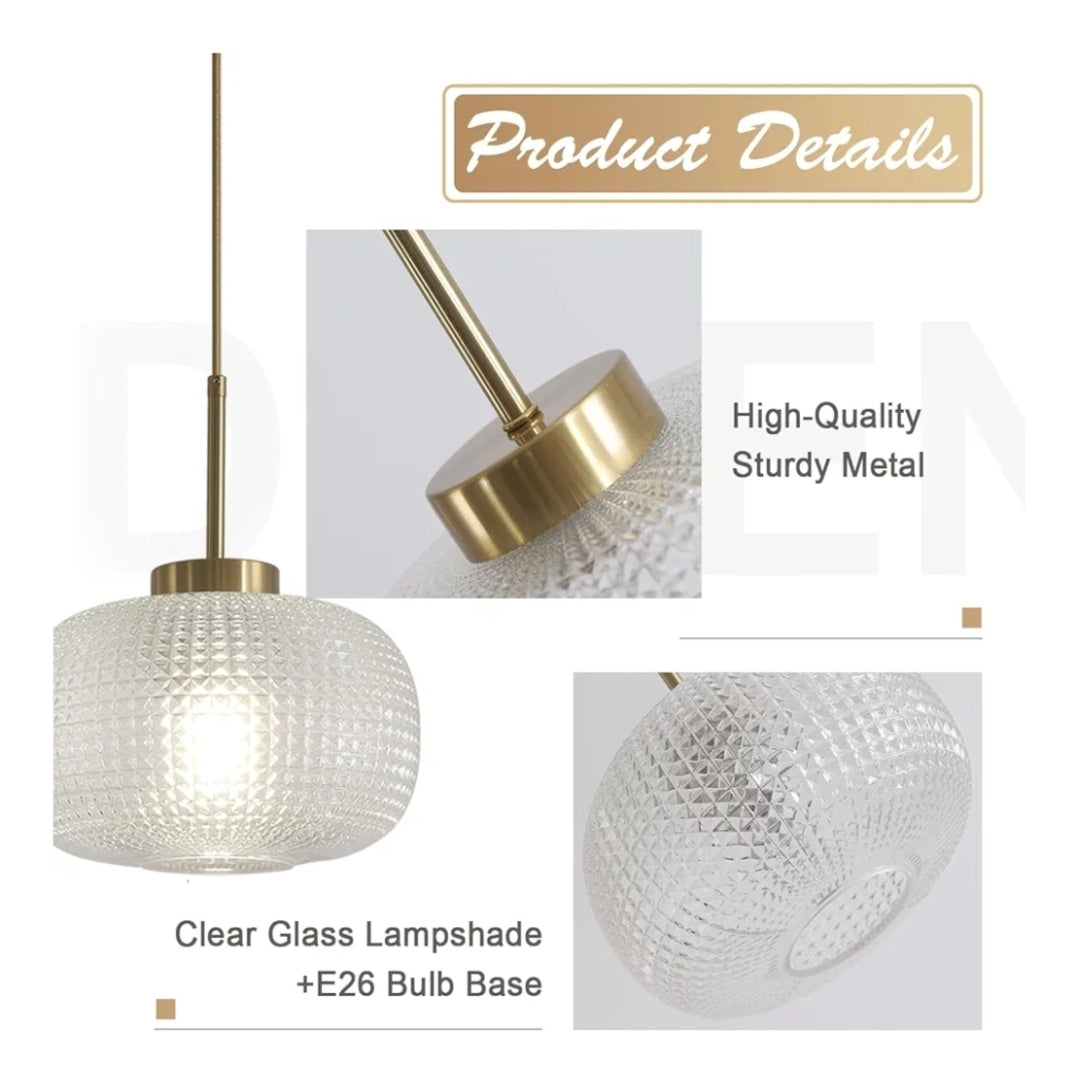 Clear Glass Pendant Lights Mid Century Modern Pendant Light Fixtures Brushed Gold Hanging Light Vintage Antique Brass Round Pendant Lighting for Bedroom Kitchen Island