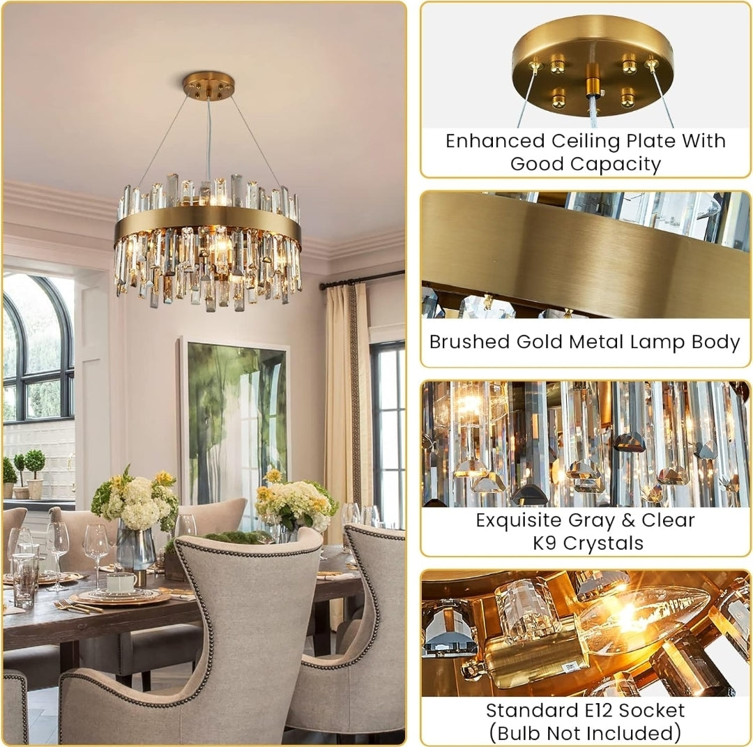 Siljoy 19.7'' Modern Crystal Chandelier, 12-Light Brass Gold Round Raindrop Chandelier Lighting, Luxury Adjustable Hanging Pendant Light Fixture for Living Dining Room Kitchen Island Bedroom Foyer