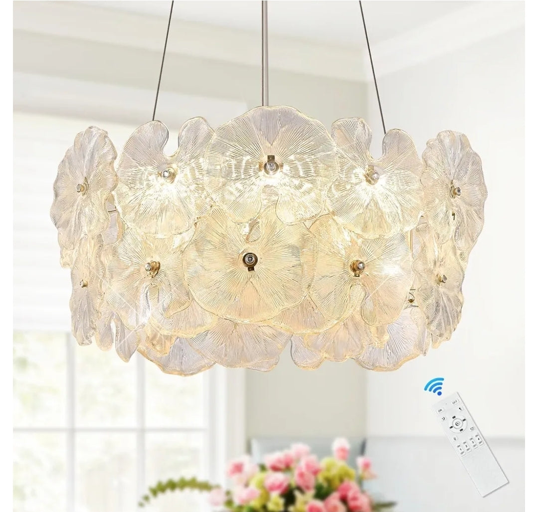 Modern Gold Glass LED Chandelier 20" Elegant Lotus Leaf Dimmable Ceiling Chandeliers with Remote Control Luxury for Foyer Entryway Living Dining Room(3000K-6500K)