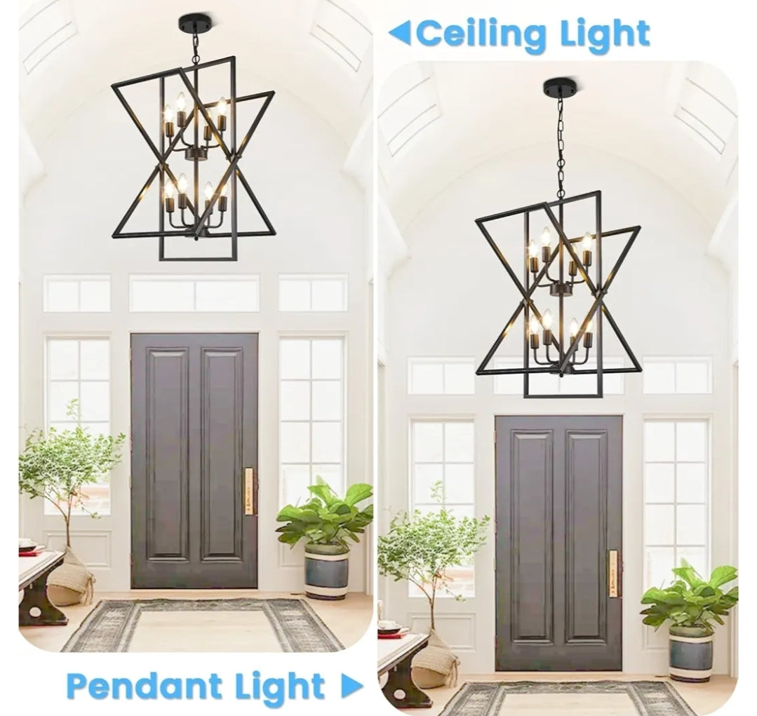 Black Chandelier, 8-Light Industrial Farmhouse Ceiling Pendant Light Fixtures, Modern Foyer Lighting Fixtures, Large Chandeliers for High Ceilings, Pendant Lights Kitchen Island for Staircase,Entryway
