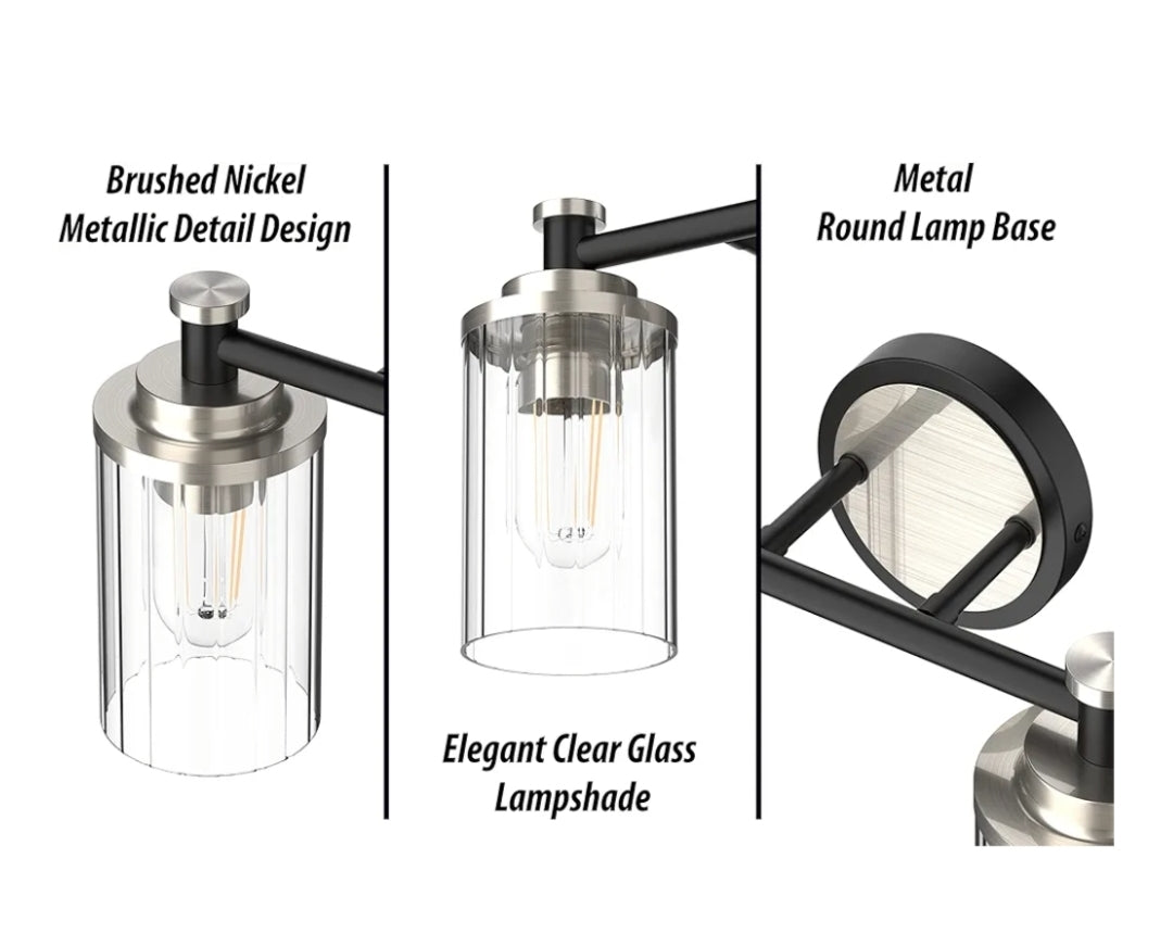 Bathroom Lighting Fixtures Black and Brushed Nickel Bathroom Vanity Light with Cylindrical Clear Stripes Glass Lampshade E26 Socket Base Bathroom Lighting Fixtures Over Mirror (4 Lights)