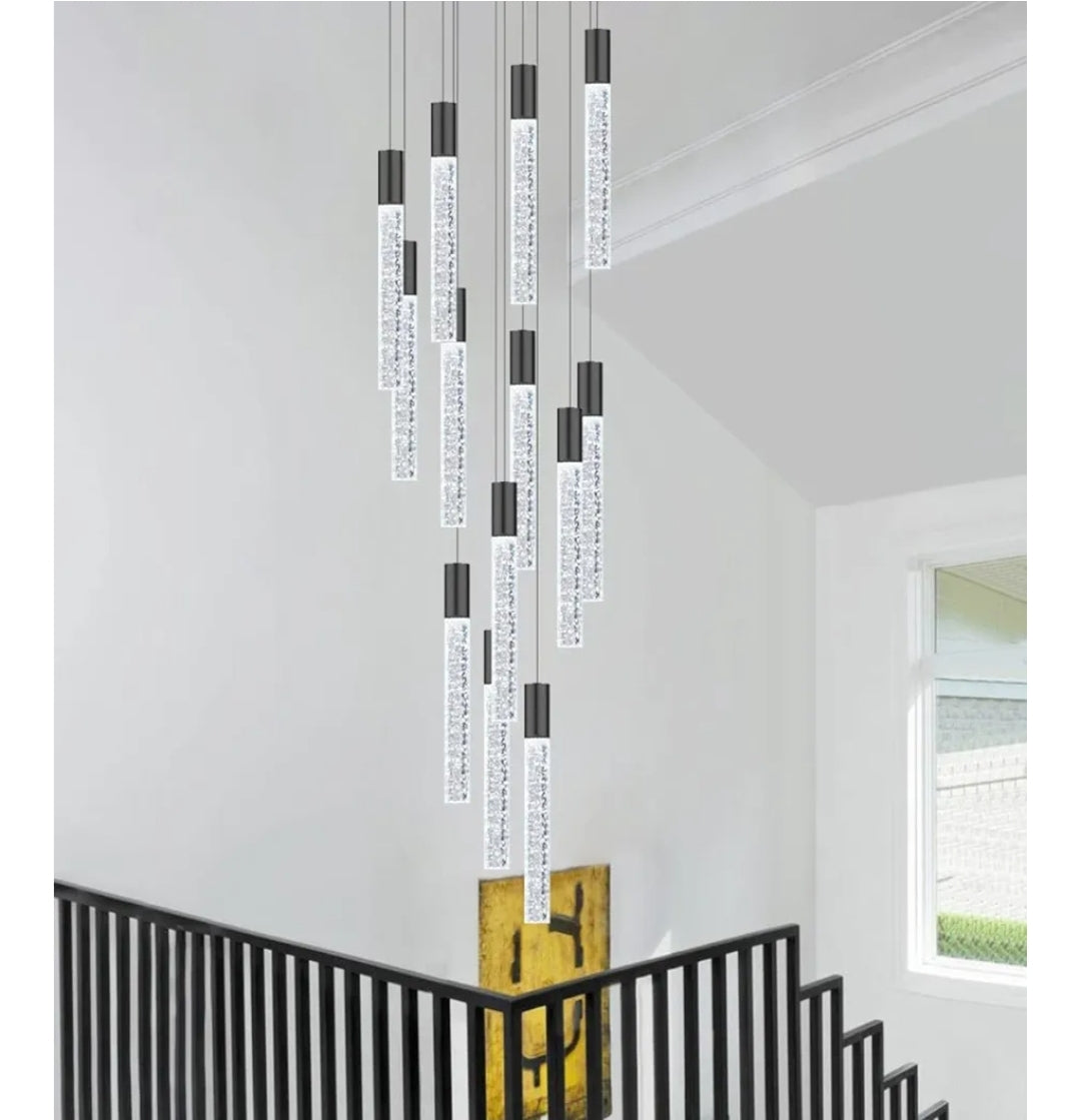 118" High Ceiling Chandelier Linear Crystal Pendants, Remote Dimmable, Compatible Sloped Ceilings, 12-Light Matte Black, 60 Watts LED, 4800 Lumens
