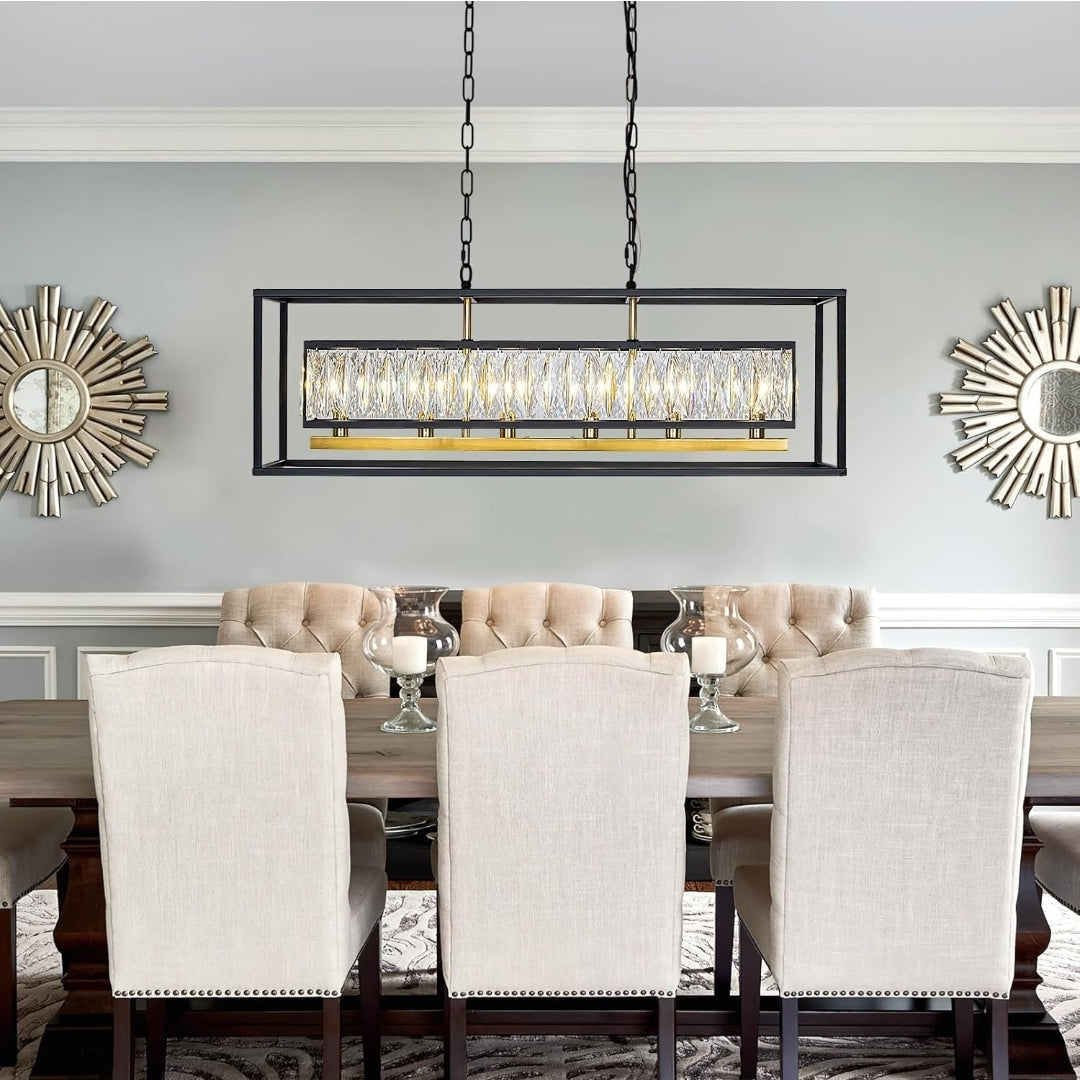 Black Crystal Chandelier for Dining Room 6-Light Rectangle Modern Farmhouse Lighting Linear Contemporary Kitchen Island Pendant Light with Adjustable Chain L35 (UL Certified)