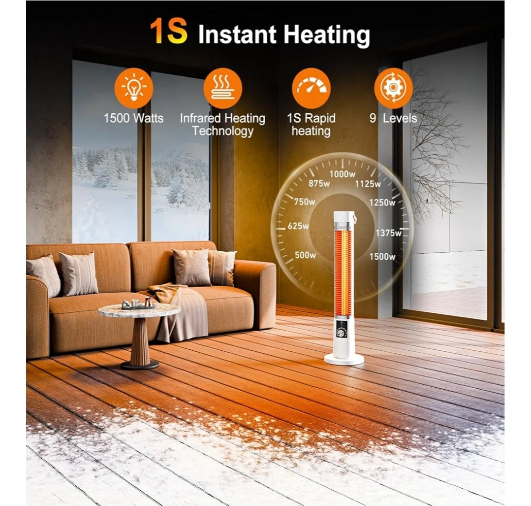 Outdoor Heater for Patio, 1500W Infrared Electric Heaters Indoor w/Remote, 60° Oscillation, 9H Timer, 9 Heat Level, Tip-Over/Overheating Protection, Safety Lock, for Garage, Porch, Gazebo,White