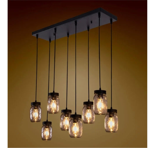 Wellmet 8-Light Mason Jar Chandelier for Dining Room, Farmhouse Rustic Linear Cluster Pendant Light Fixture for Living Room, Kitchen Island Lighting, Matte Black Finish with Glass Shades