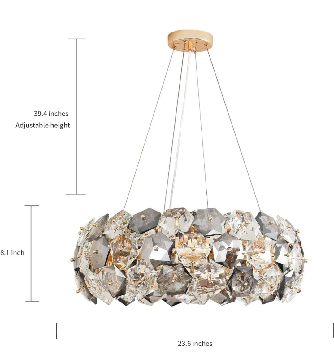 Crystal Chandelier, 12-Lights 24 Inch Gold Modern Round Pendant Lights, Hexagonal Crystals Surrounding Chrome Metal Ceiling Light Fixture, Chandeliers for Dining Room Bedroom Living Room
