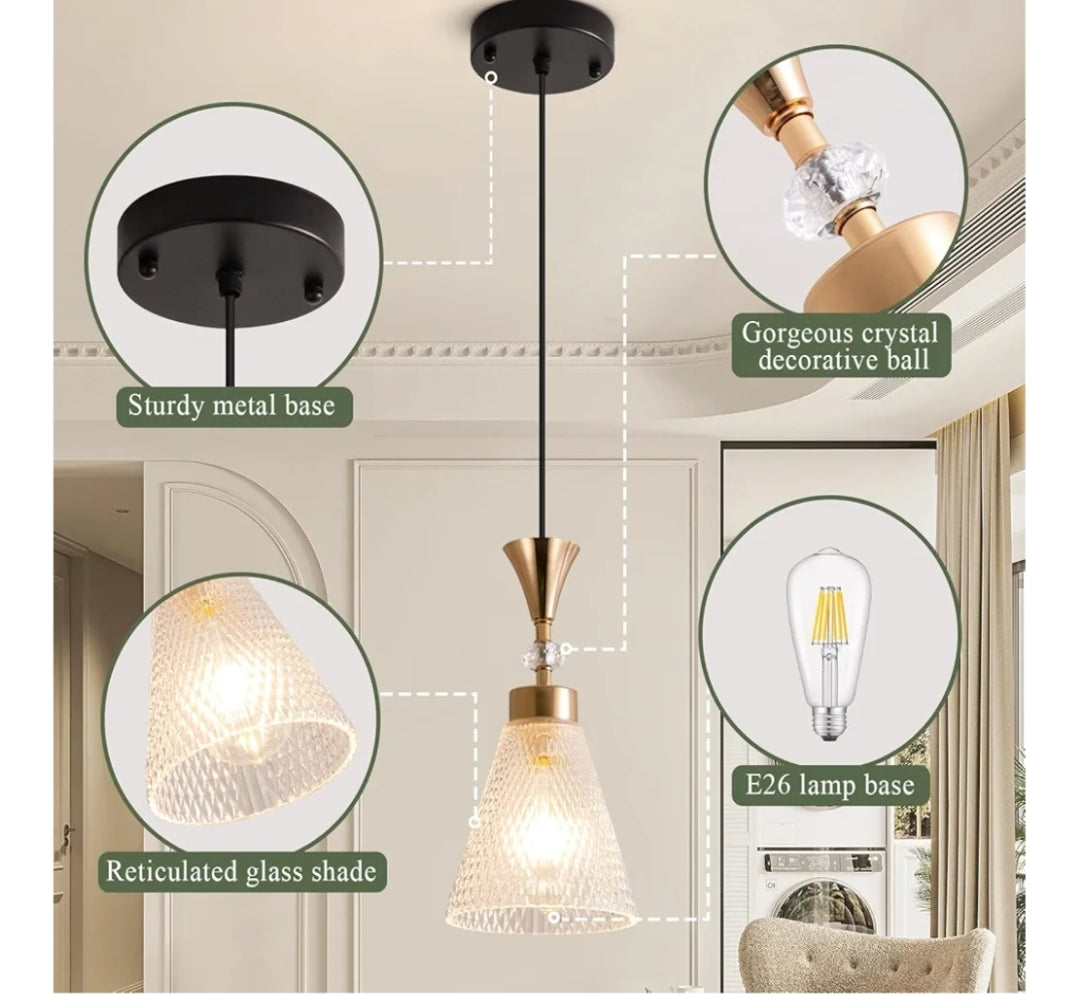 Industrial Pendant Light Fixture, Modern Clear Glass Crystals Shade Pendant Lighting Adjustable Cord for Kitchen Island Dining Room Sink, Black and Gold, 3 Packs