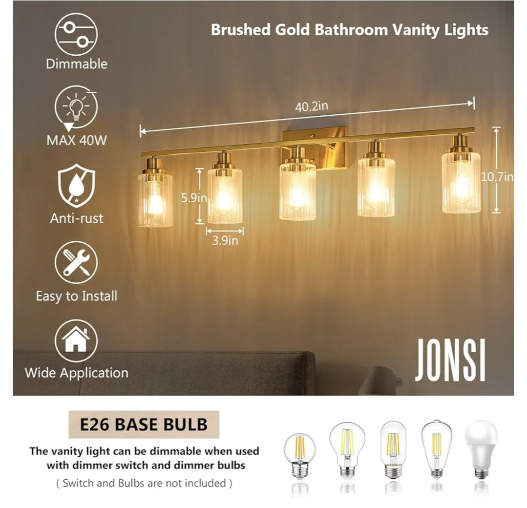 Jonsi Gold 5-Light Bathroom Vanity Light with Glass Shade, Modern Gold Bathroom Lights Over Mirror, W 40.2 x H 10.7 inches