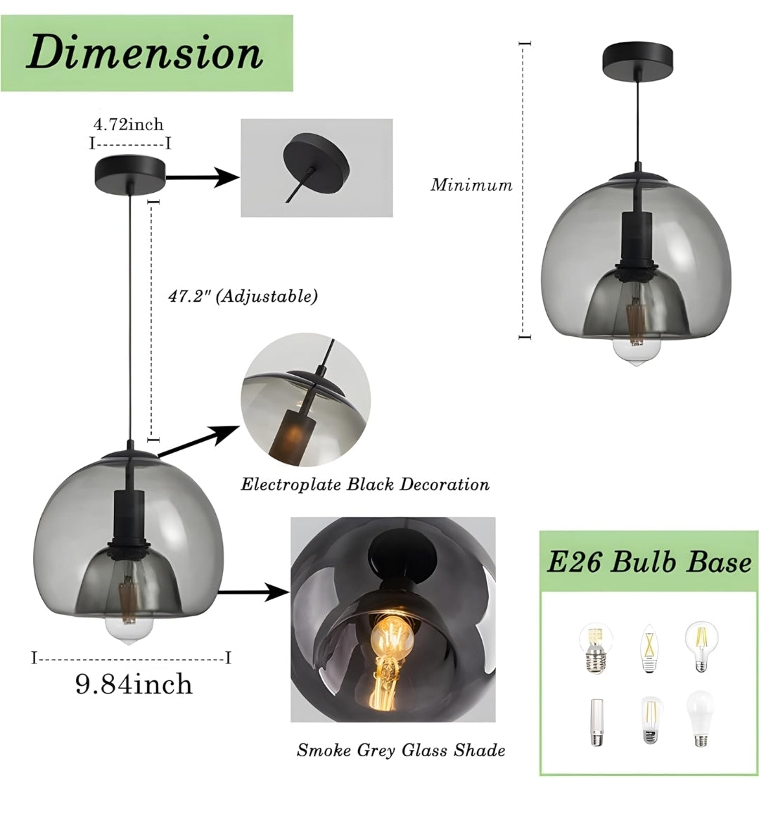 MIXL- Smoked Glass Pendant Light,Modern Globe Shape Glass Chandelier,Creative Light Pendants for Kitchen Island,Bedroom& Living Room
