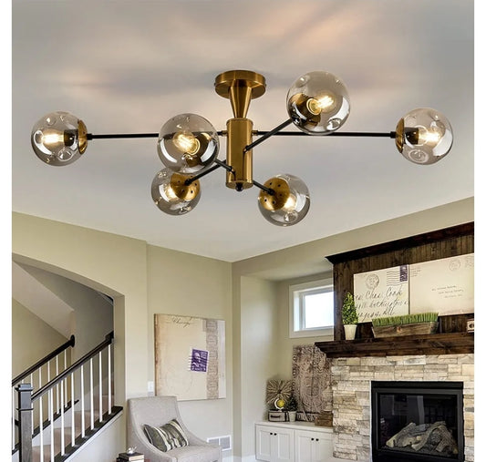 Modern Semi Flush Mount Ceiling Light Fixture 6-Light Sputnik Gold Chandelier with Glass Globe Mid Century Ceiling Lighting for Dinning Room Farmhouse Kitchen Bedroom Living Room.