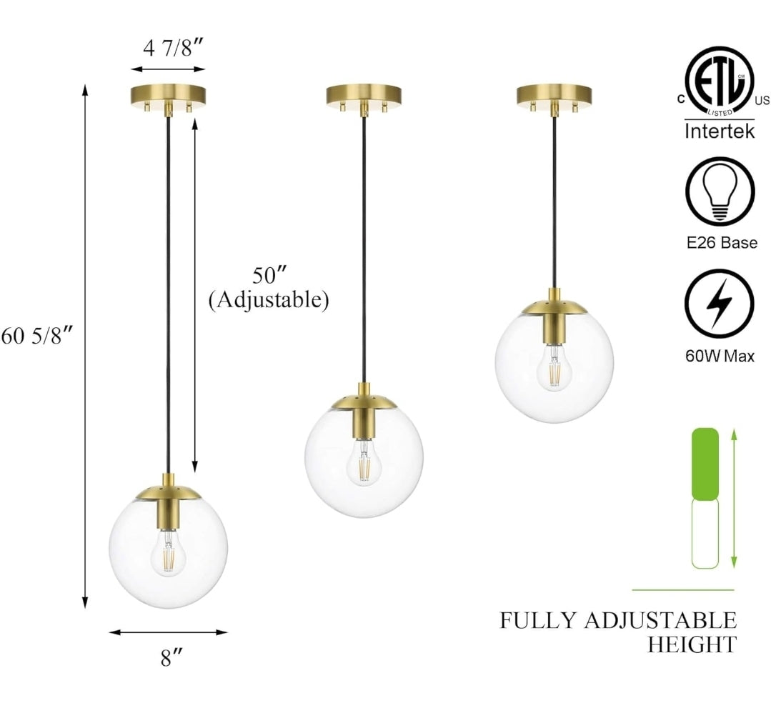 XiNBEi Lighting Globe Pendant Light, Modern Brass Kitchen Island Pendant Lighting with Clear Glass