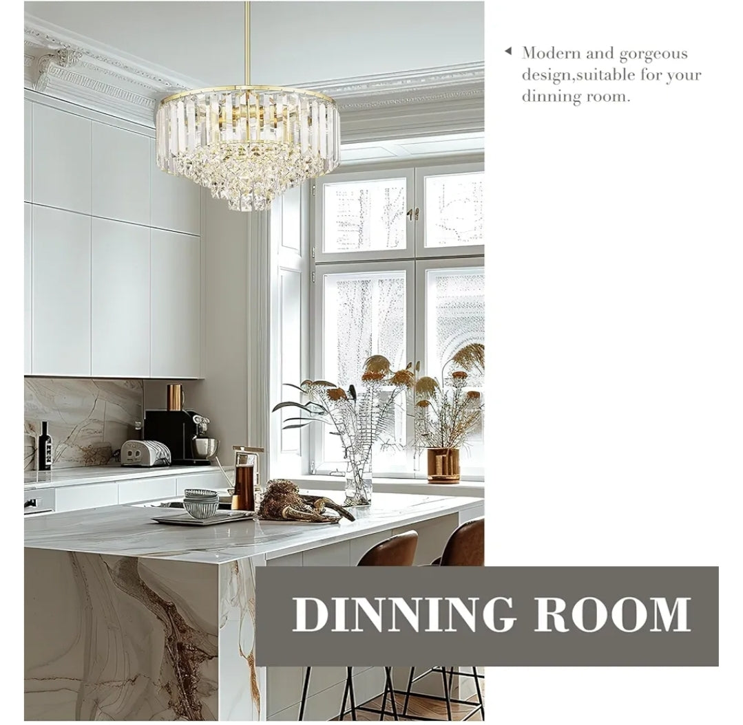 15'' Gold Chandelier, 5-Tier Crystal Chandelier, Modern Pendant Light for Dining Room Kitchen Island Bedroom Entryway, CC4215-5W-PG