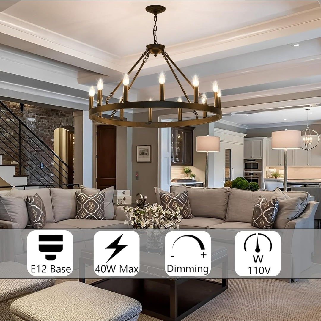 Black Wagon Wheel Chandelier 32 inch,12-Light Farmhouse Wagon Wheel Chandeliers Round Industrial Ceiling Light fixtures for Outdoor Porch high Ceilings Living Dining Room Foyer Entryway