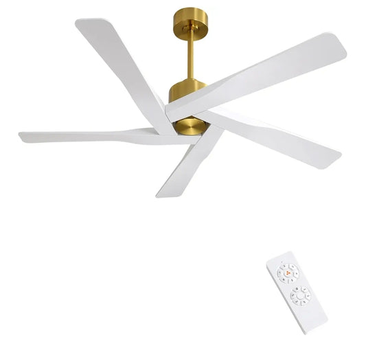 WINGBO 64" ABS DC Ceiling Fan No Light, 5 Blade ABS Plastic Ceiling Fan with Remote, 6-Speed Reversible DC Motor, Ceiling Fans without Light for Kitchen Bedroom Living Room, Brass and White