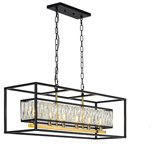 Black Crystal Chandelier for Dining Room 6-Light Rectangle Modern Farmhouse Lighting Linear Contemporary Kitchen Island Pendant Light with Adjustable Chain L35 (UL Certified)