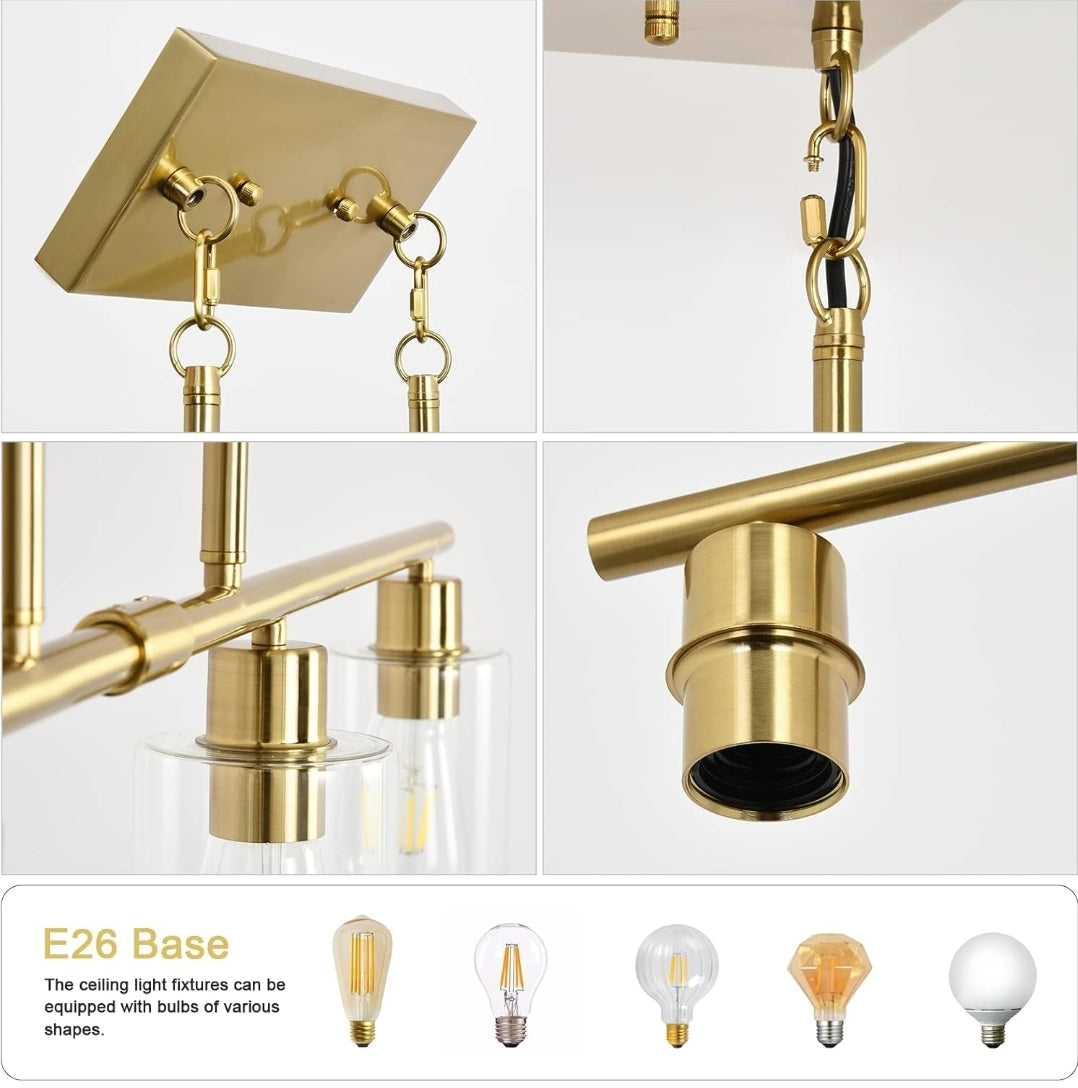 Modern Gold Kitchen Island Chandelier 4-Light Brushed Brass Farmhouse Pendant Light Industrial Kitchen Island Lighting Fixture with Glass Shades Hanging Lamp for Dining Living Room