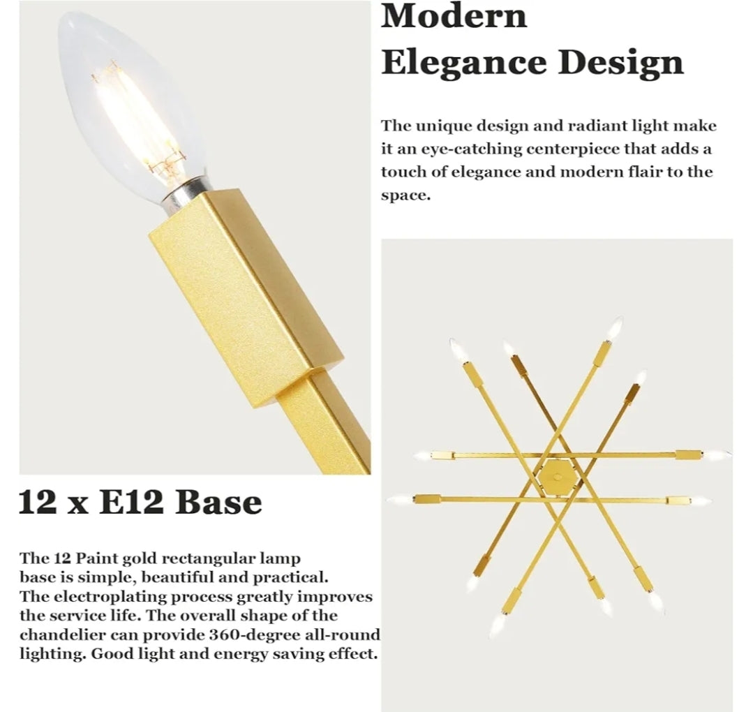 Modern Sputnik Chandeliers Ceiling Light Fixtures, Industrial Metal Farmhouse Chandelier Over Table, Mid-Century 12-Light Adjustable Height Chandeliers for Dining Living Room, Kitchen Island, Golden