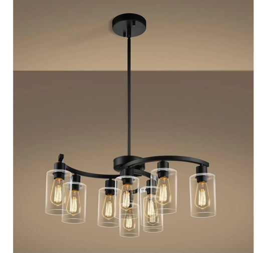 9-Light Black Modern Chandeliers for Dining Room, Adjustable Height Farmhouse Kitchen Island Lighting, Industrial Hanging Light Fixtures for Living Room Bedroom, Clear Glass Shade