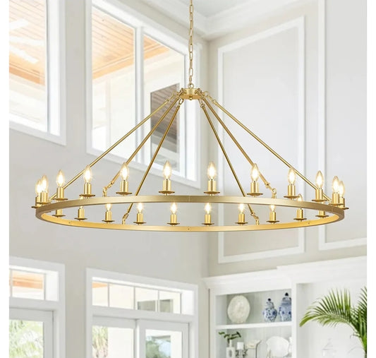 Gold Wagon Wheel Chandelier 53-Inch 24-Light,Extra Large Round Rustic Farmhouse Chandelier Metal Circle Chandeliers for Dining Room Living Room High Ceilings