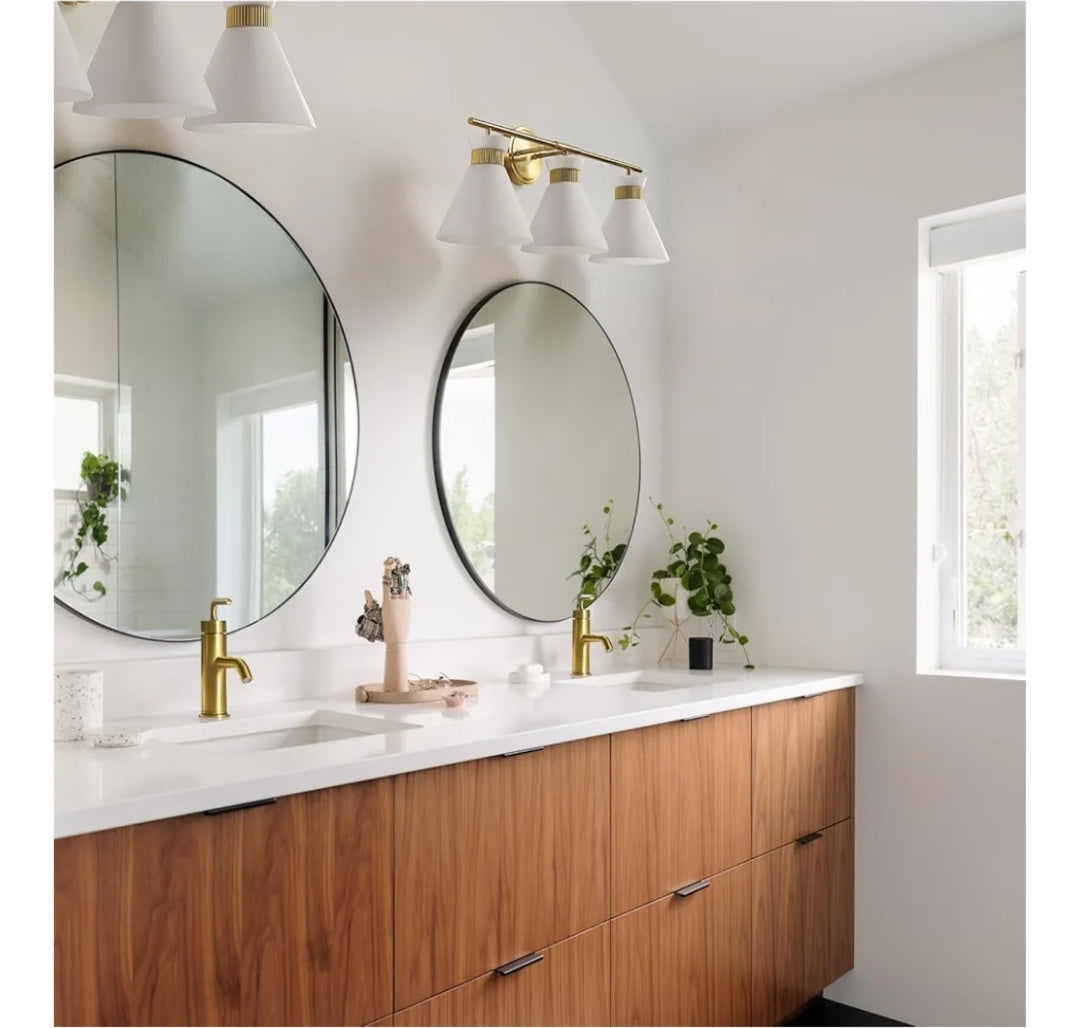 WOSHITU Bathroom Vanity Light Fixtures: 3-Lights Mid Century Modern Vanity Lights for Bathroom Over Mirror, Brushed Gold Wall Sconce Lighting with Frosted Milky Glass Shade for Bath Living Room