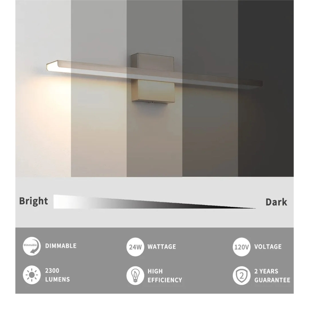 JUSHENG Brushed Nickel Vanity Light Modern Bathroom Light Fixtures Dimmable LED Bar 24 Inch 24W 3000K Warm White
