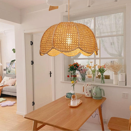 Arturesthome Rattan Woven Pendant Light, Hand-Woven Flower Shaped Ceiling Chandelier, Handmade Hanging Lamp Shade for Dining Room Bar Cafe Rustic Decor D 23.6″*12.59″