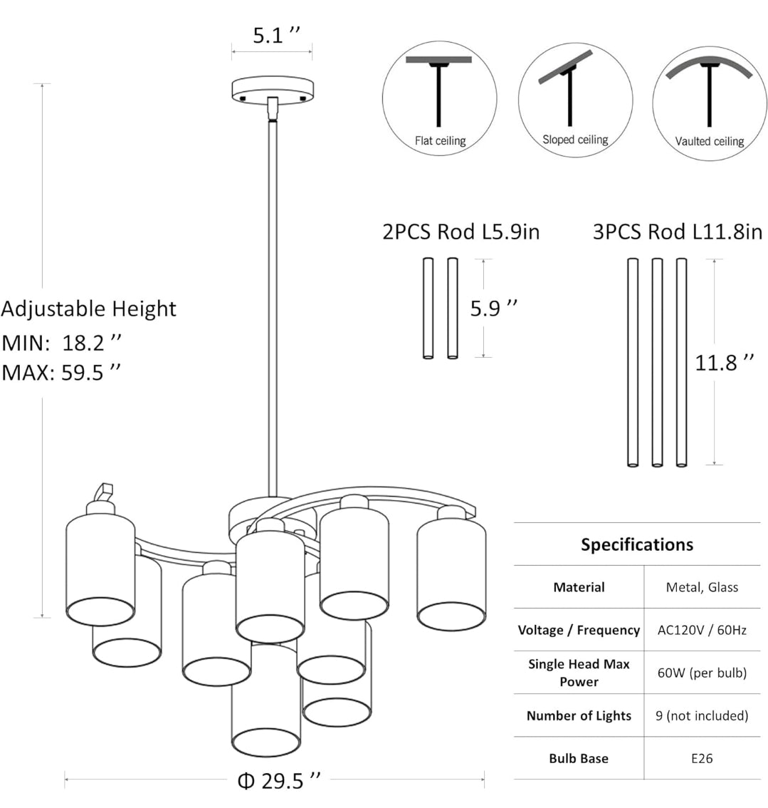 9-Light Black Modern Chandeliers for Dining Room, Adjustable Height Farmhouse Kitchen Island Lighting, Industrial Hanging Light Fixtures for Living Room Bedroom, Clear Glass Shade