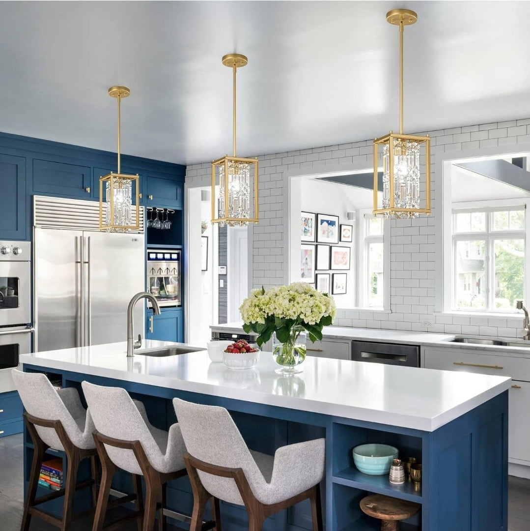 LMQNINE Dining Room Light Fixture Semi Flush Mount Ceiling Light, Industrial Farmhouse Chandelier Gold Metal Crystal Pendant Light for Hallway Balcony Kitchen Island (Square 1-Light)