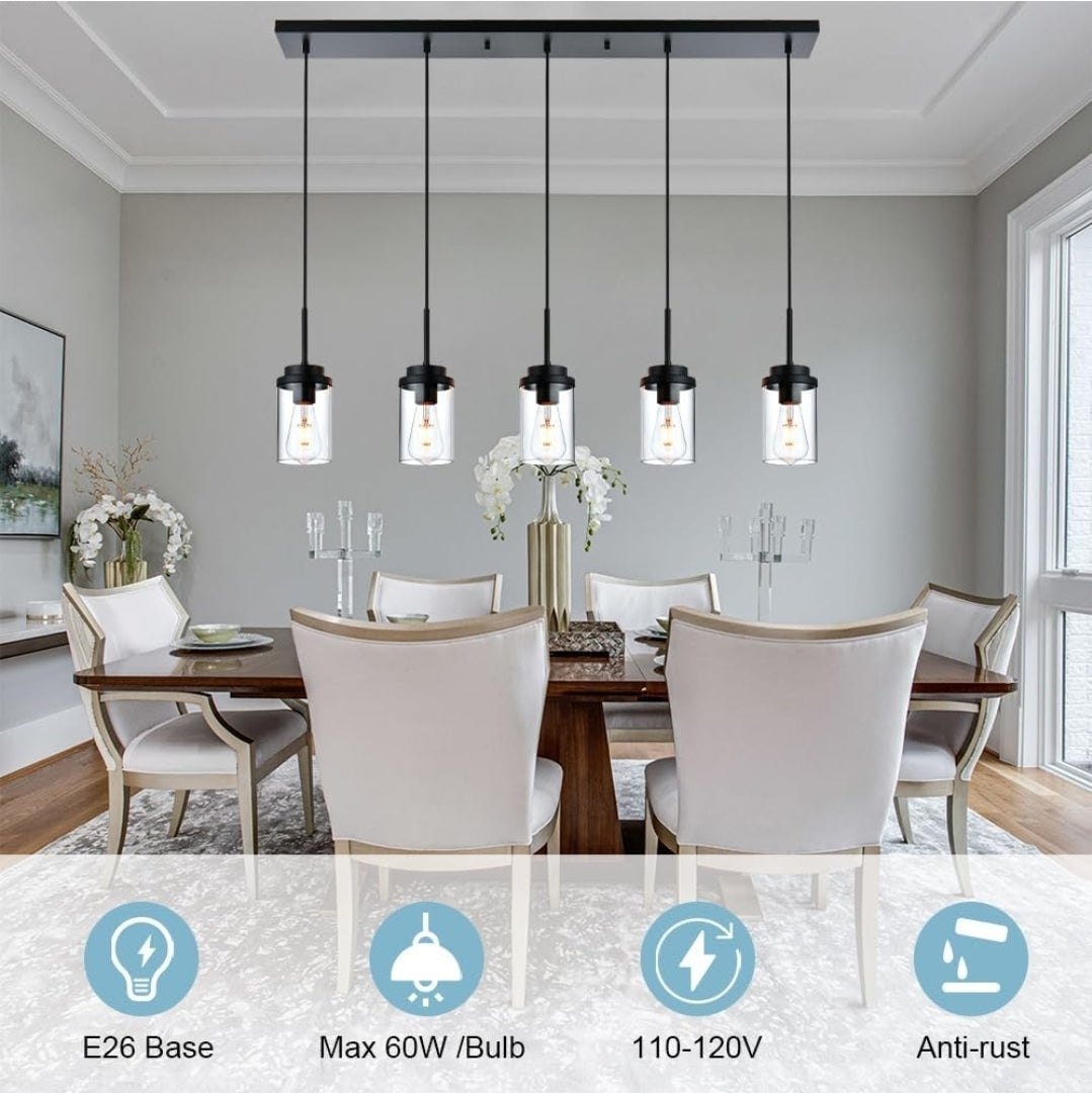 BONLICHT Farmhouse Chandelier for Dining Room, Modern Industrial Foyer Linear Pendant Light Traditional Black Kitchen Island Lighting Fixture Hanging Ceiling Lights with Clear Glass Shade