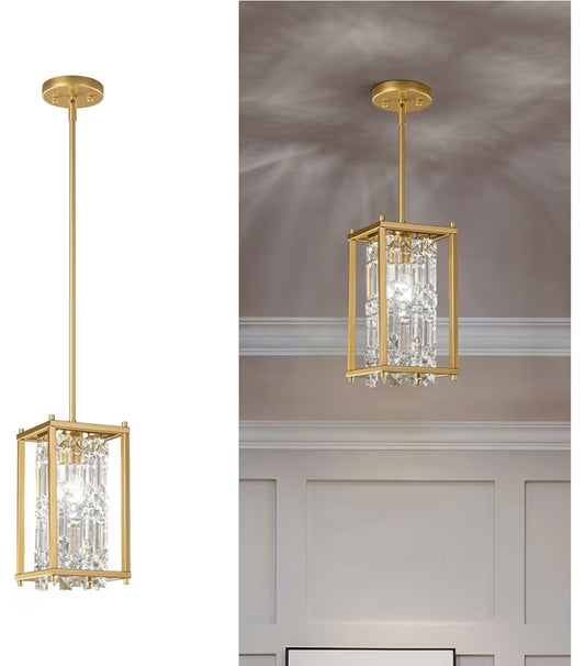 LMQNINE Dining Room Light Fixture Semi Flush Mount Ceiling Light, Industrial Farmhouse Chandelier Gold Metal Crystal Pendant Light for Hallway Balcony Kitchen Island (Square 1-Light)