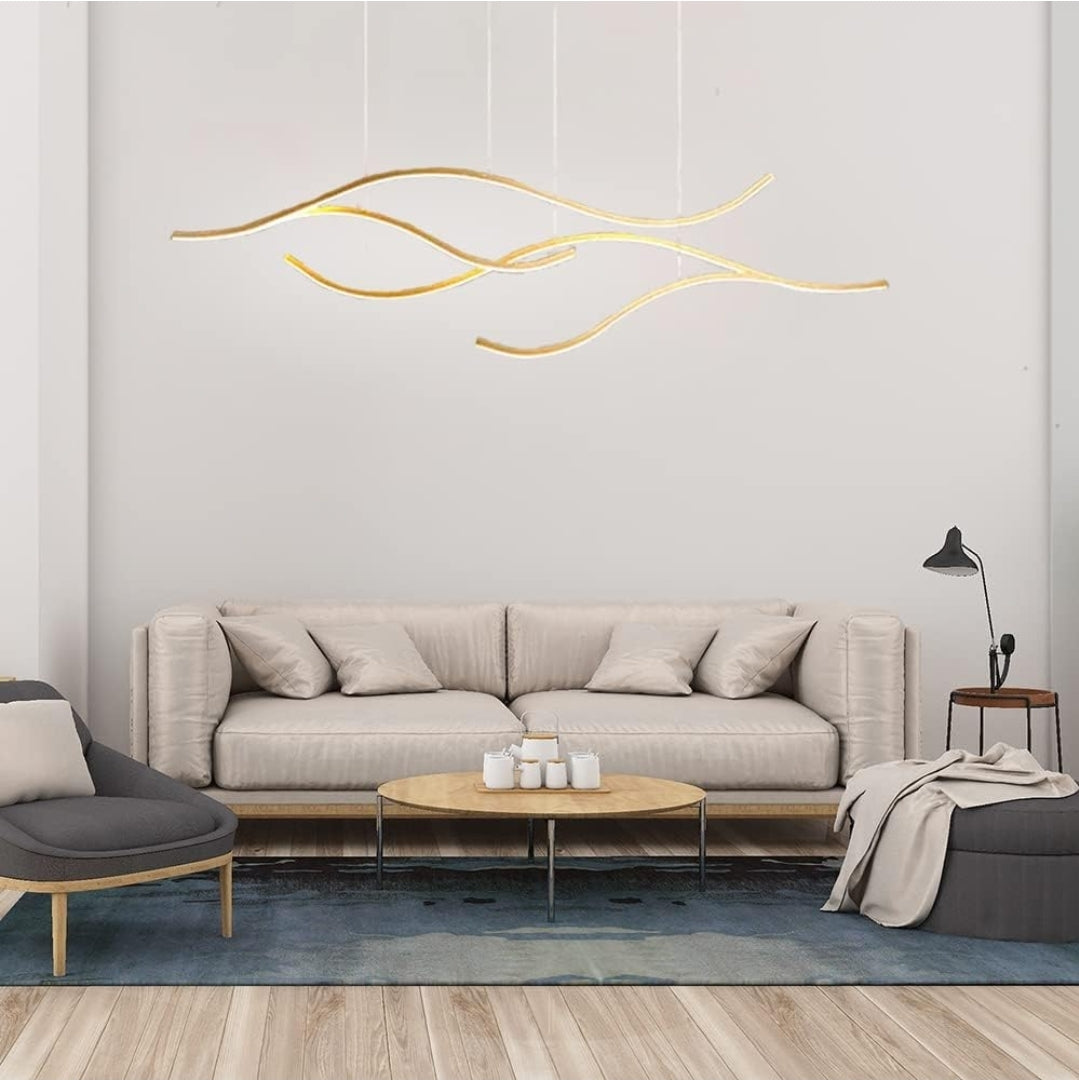 LightInTheBox Modern LED Linear Wave Chandelier - Dimmable Branch Pendant Light for Kitchen Island, Living Room, Dining Room (Gold)