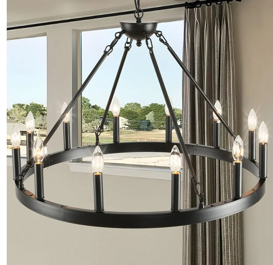 Black Wagon Wheel Chandelier 32 inch,12-Light Farmhouse Wagon Wheel Chandeliers Round Industrial Ceiling Light fixtures for Outdoor Porch high Ceilings Living Dining Room Foyer Entryway