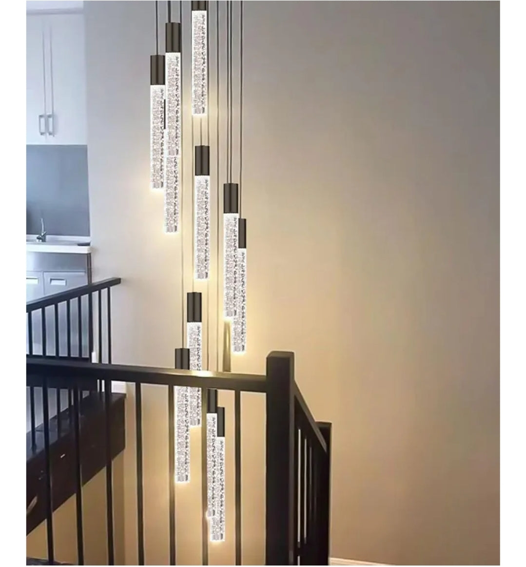 118" High Ceiling Chandelier Linear Crystal Pendants, Remote Dimmable, Compatible Sloped Ceilings, 12-Light Matte Black, 60 Watts LED, 4800 Lumens