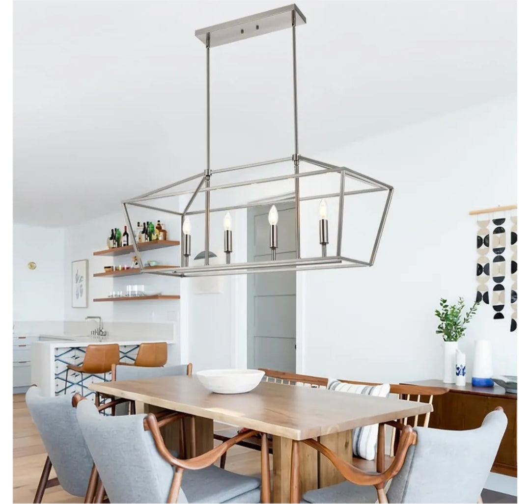 4-Lights Brushed Nickel Farmhouse Chandelier, Dining Room Pendant Lighting Fixtures Adjustable Height, Kitchen Island Light Ceiling Mount E12 Socket