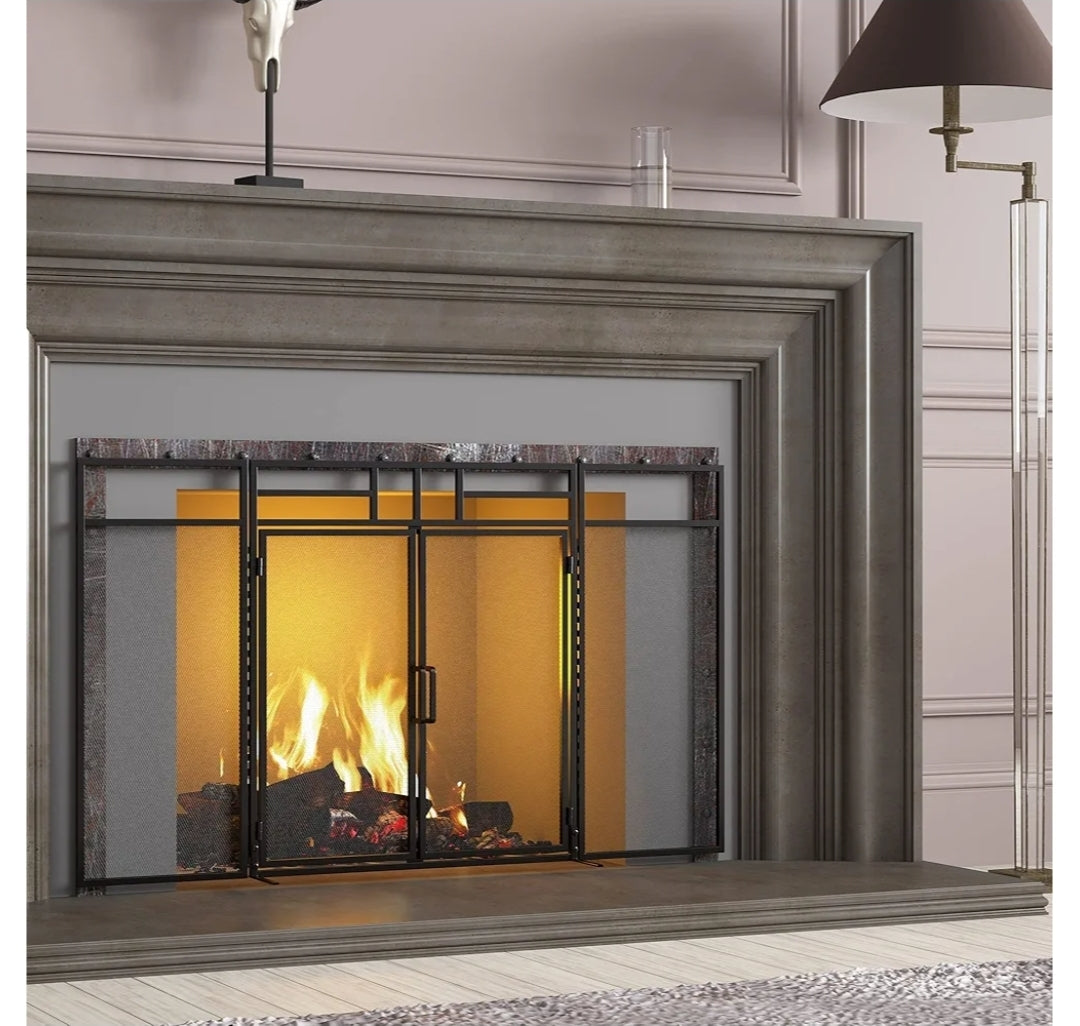 Fire Beauty 3-Panel Folding Fireplace Screen with Magnetic Hinged Doors, Solid Wrought Iron Panels Fire Spark Guard