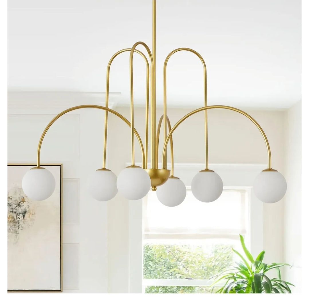 30" Mid Century Arch Chandelier, Large Modern Pendant Light Fixtures with Milk Glass Globe Shades Antique Brass Brush Paint Finish for Dining Room, Kitchen Island, Foyer, Living Room 6-Light