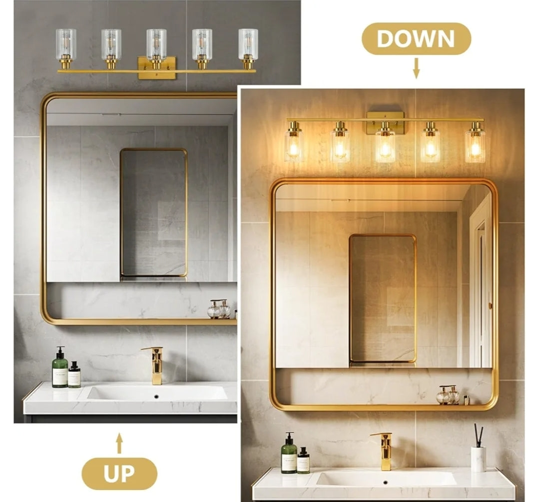 Jonsi Gold 5-Light Bathroom Vanity Light with Glass Shade, Modern Gold Bathroom Lights Over Mirror, W 40.2 x H 10.7 inches