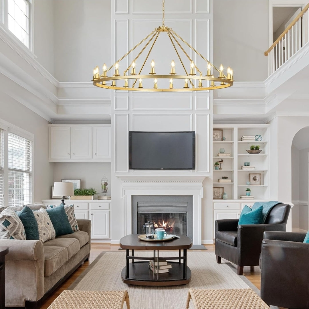 Gold Wagon Wheel Chandelier 53-Inch 24-Light,Extra Large Round Rustic Farmhouse Chandelier Metal Circle Chandeliers for Dining Room Living Room High Ceilings