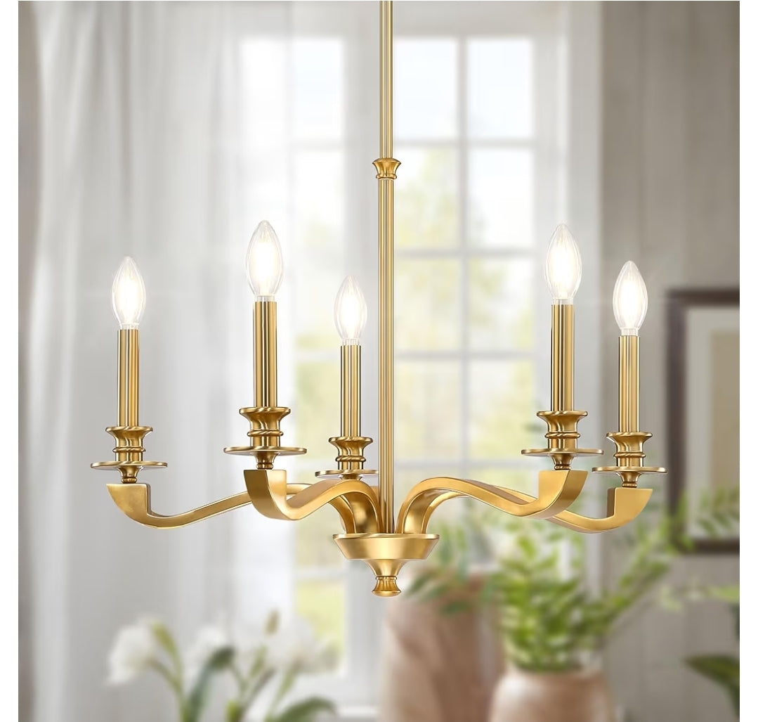 Gold Chandeliers for Dining Room, 25.5 Inch Vintage Gold Chandelier Light Fixture Over Table, Farmhouse Candle Chandeliers, 5-Light Brass Chandeliers for Kitchen, Bedroom, Living Room (E12 Base)