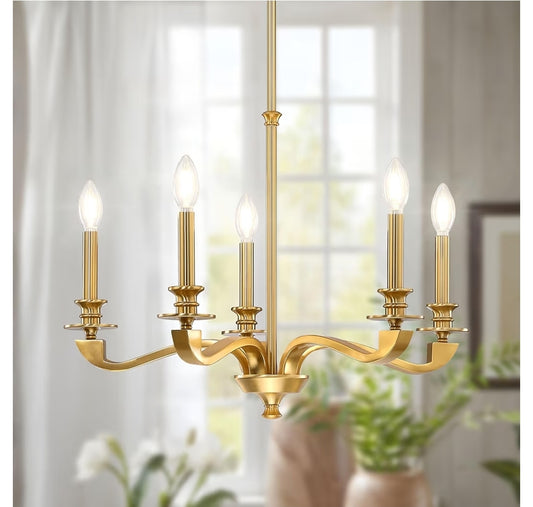 Gold Chandeliers for Dining Room, 25.5 Inch Vintage Gold Chandelier Light Fixture Over Table, Farmhouse Candle Chandeliers, 5-Light Brass Chandeliers for Kitchen, Bedroom, Living Room (E12 Base)
