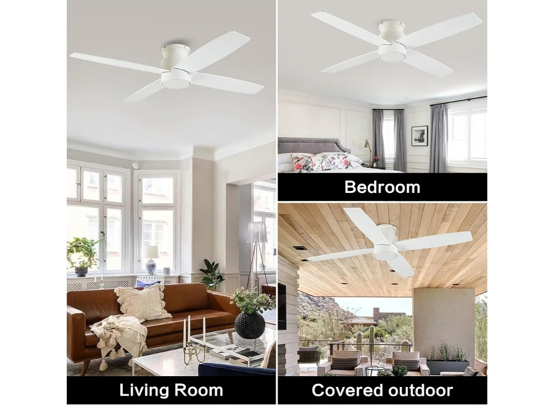 WINGBO 52" Flush Mount DC Ceiling Fan without Lights, 4 Reversible Blades, Ultra Quiet 6-Speed DC Motor, Hugger Low Profile Indoor Ceiling Fan No Lights, White Finish