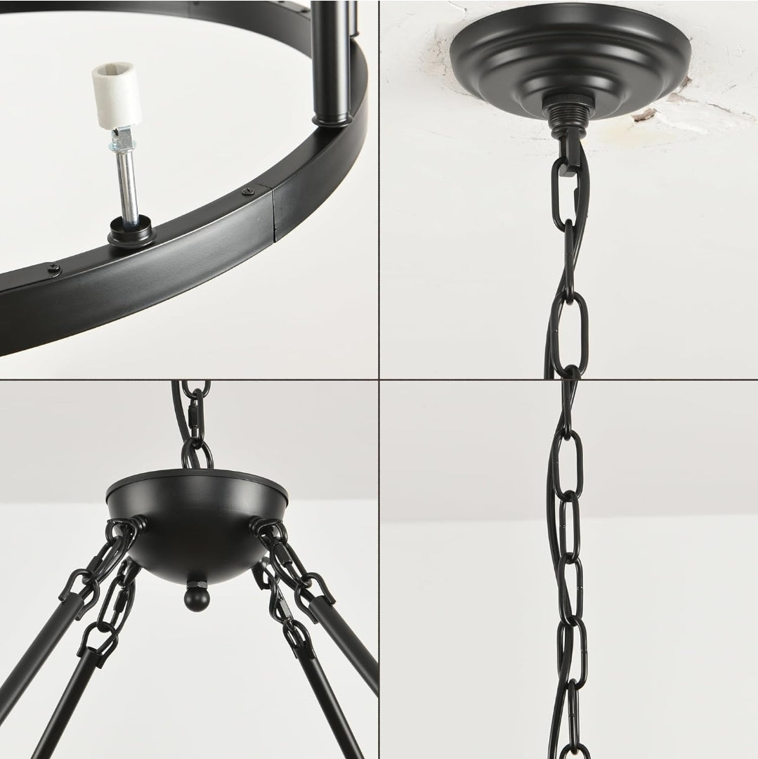 Black Wagon Wheel Chandelier 32 inch,12-Light Farmhouse Wagon Wheel Chandeliers Round Industrial Ceiling Light fixtures for Outdoor Porch high Ceilings Living Dining Room Foyer Entryway
