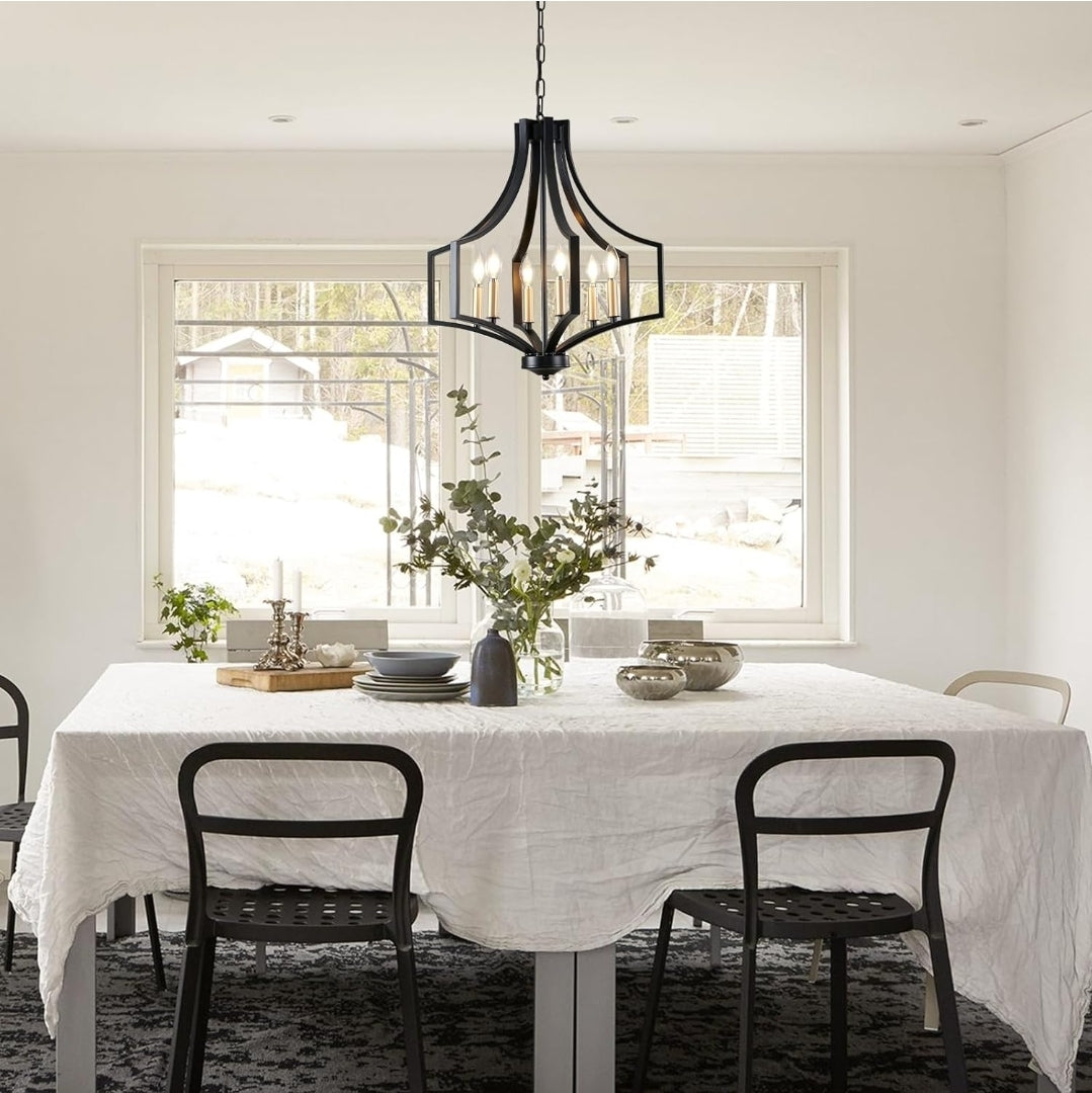 Black Chandelier Light Fixture, 6-Light Dining Room Chandelier Modern Farmhouse Black and Gold Pendant Light Fixture, Large Chandeliers for Living Room Kitchen Bedroom Foyer Entryway