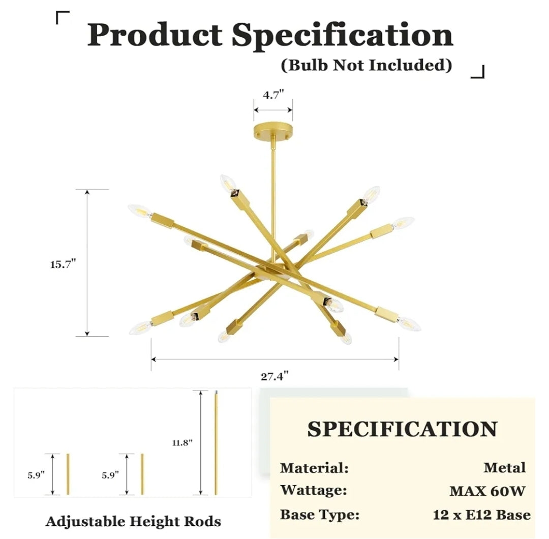 Modern Sputnik Chandeliers Ceiling Light Fixtures, Industrial Metal Farmhouse Chandelier Over Table, Mid-Century 12-Light Adjustable Height Chandeliers for Dining Living Room, Kitchen Island, Golden