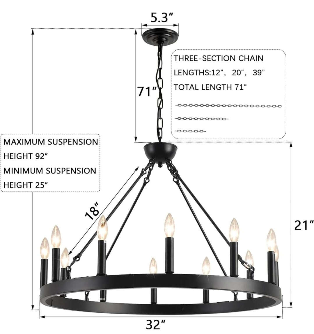 Black Wagon Wheel Chandelier 32 inch,12-Light Farmhouse Wagon Wheel Chandeliers Round Industrial Ceiling Light fixtures for Outdoor Porch high Ceilings Living Dining Room Foyer Entryway