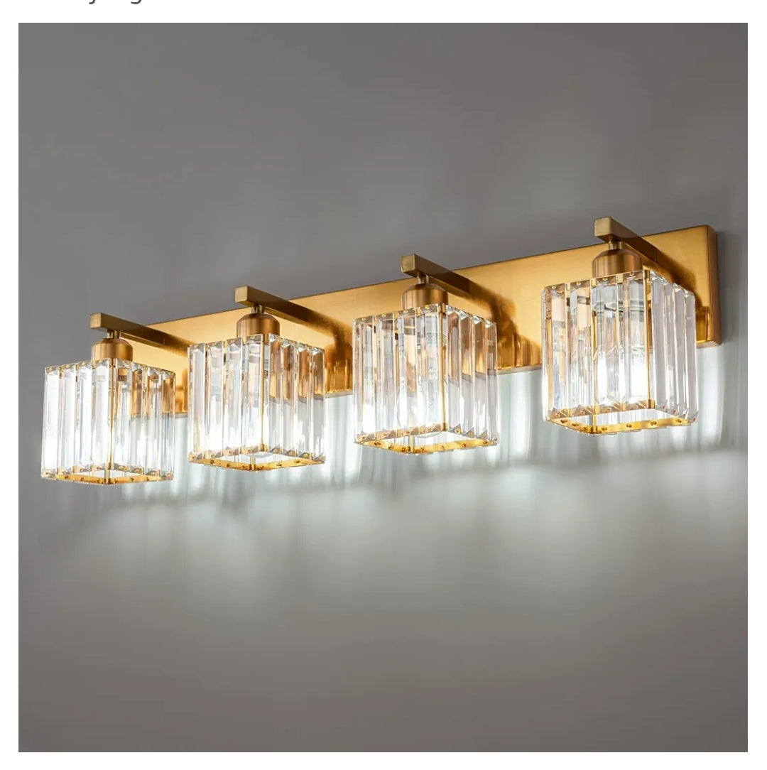 Modern 4-Light Gold Brushed Brass Finish Crystal Bathroom Vanity Light Fixtures