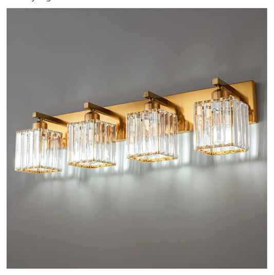 Modern 4-Light Gold Brushed Brass Finish Crystal Bathroom Vanity Light Fixtures